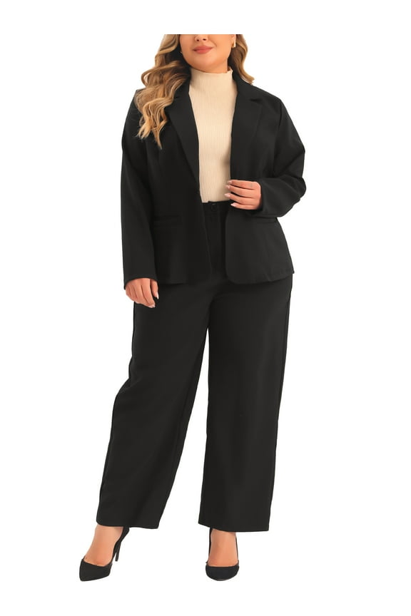 Plus Size Suit Two Piece Outfits for Women Business Office Blazer Jacket and Pants Suit Set 1X Black