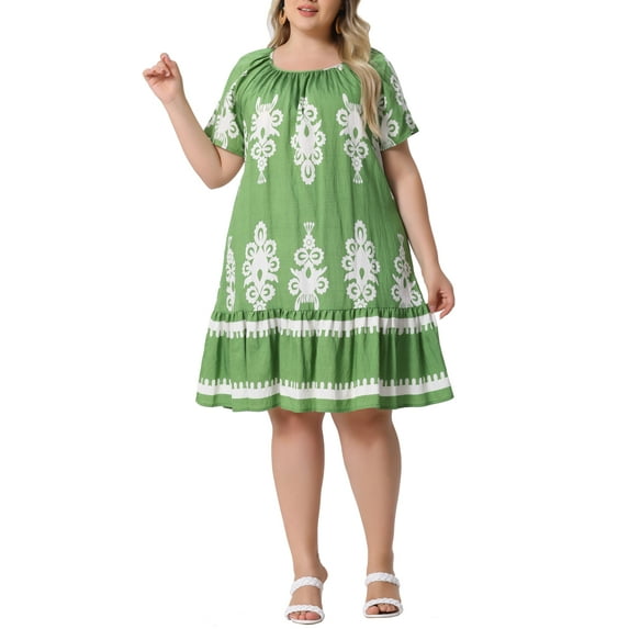Agnes Orinda Women's Plus Size Boho Dresses Pleated Crew Neck Short Sleeve Flared Flowy Summer Casual Midi Sundress 1X Green