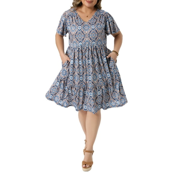 Agnes Orinda Women's Plus Size Boho Dresses V Neck Short Flutter Sleeve Argyle Summer Beach Flowy Midi Sundress 1X Blue
