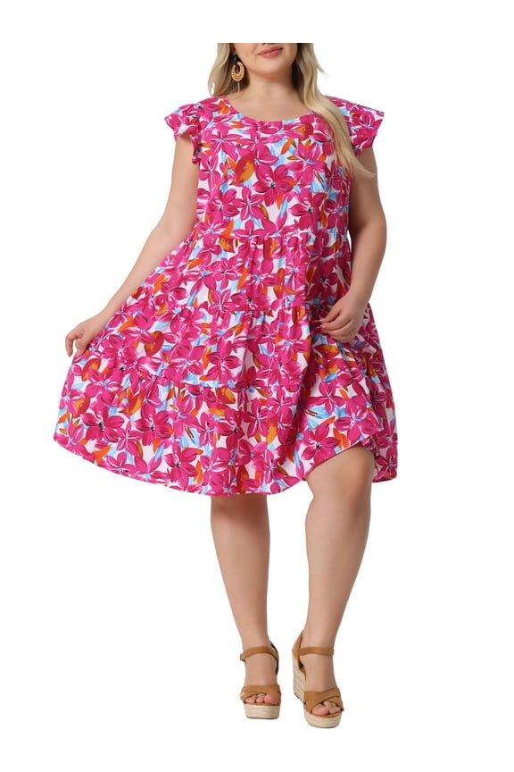 Women's Plus Size Boho Dress Floral Print Tiered Ruffle Flutter Sleeves Round Neck Summer Babydoll Dress 4X Red