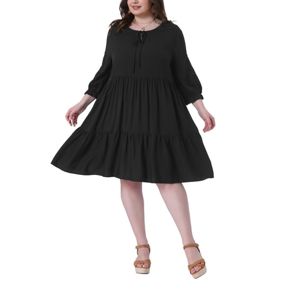 Agnes Orinda Plus Size Summer Dress for Womens Tie Neck Lace Sleeve Casual Ruffle Midi Flowy Dresses 1X Black