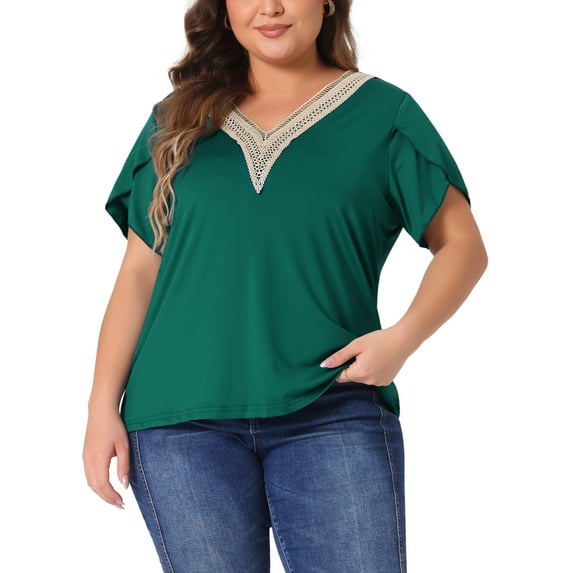 Agnes Orinda Women's Plus Size St. Patrick's Day Summer T-Shirts Casual Lace V Neck Short Sleeve Tunics Basic Tops Blouses 3X Dark Green