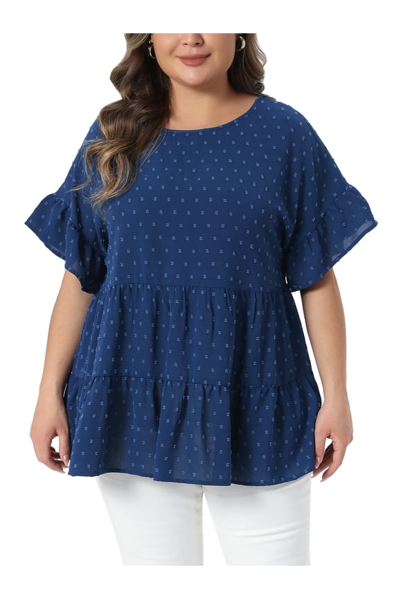 Women's Plus Size School College Easter Tops Swiss Dots Back Tie Crew Neck Ruffle Short Sleeve Tiered Hem Summer Casual Blouses 1X Dark Blue