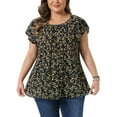 thumbnail image 1 of Agnes Orinda Women's Plus Size Floral Tops Pleated Front Crew Neck Tulip Sleeve Summer Dressy Blouse 2X Black, 1 of 6