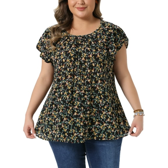 Agnes Orinda Women's Plus Size Floral Tops Pleated Front Crew Neck Tulip Sleeve Summer Dressy Blouse 3X Black