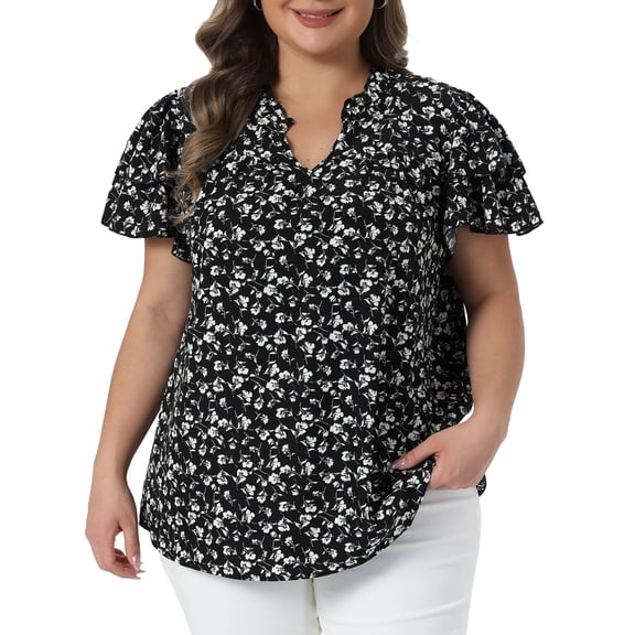 Agnes Orinda Women's Plus Size Floral Tops Ruffle V Neck Double Short Sleeve Summer Casual Blouse 1X Black