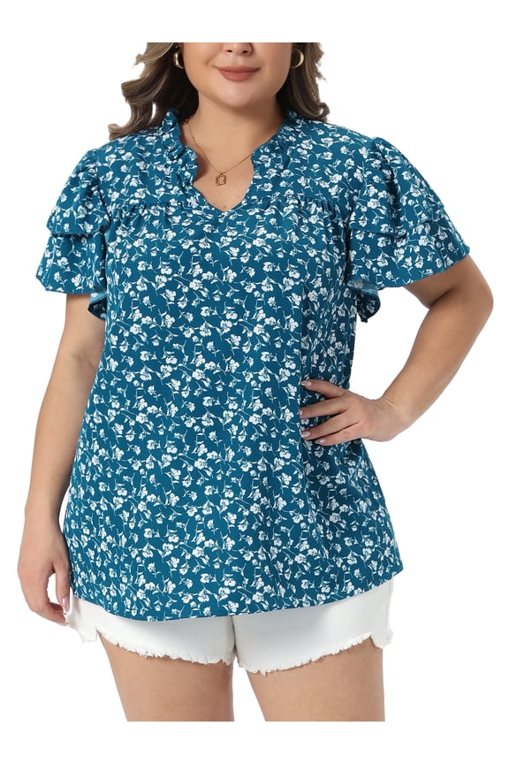 Women's Plus Size Floral Tops Ruffle V Neck Double Short Sleeve Summer Casual Blouse 1X Blue