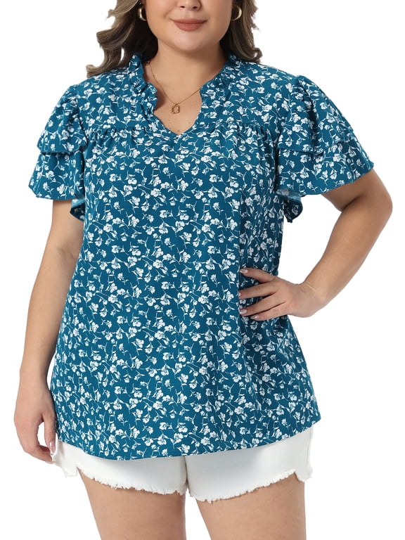 Women's Plus Size St. Patrick's Day Floral Tops Ruffle V Neck Double Short Sleeve Summer Casual Blouse 1X Blue