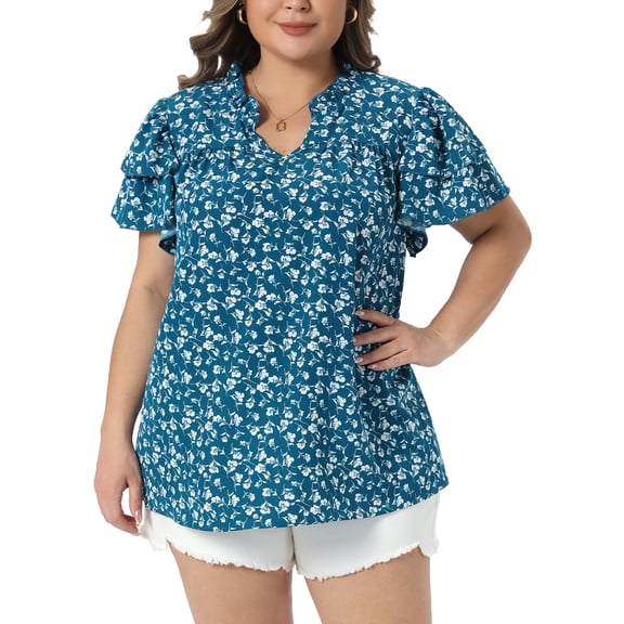 Agnes Orinda Women's Plus Size Floral Tops Ruffle V Neck Double Short Sleeve Summer Casual Blouse 2X Blue