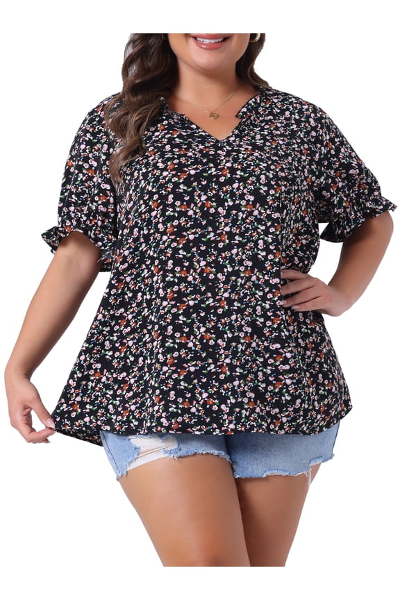Women's Plus Size Floral Tops Ruffled V Neck Puff Short Sleeves Summer Casual Blouse 3X Black