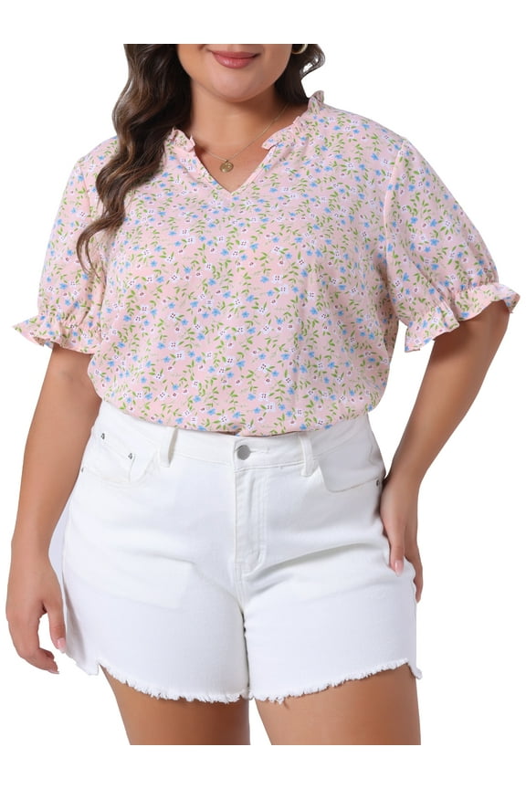 Women's Plus Size Floral Tops Ruffle V Neck Puff Short Sleeve Summer Casual Blouse 3X Pink