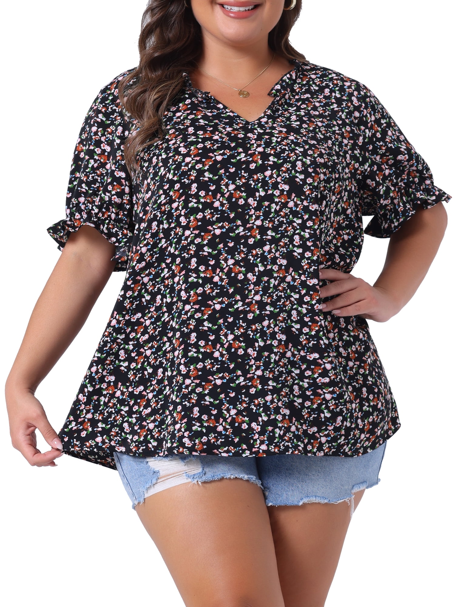 Agnes Orinda Women's Plus Size Floral Tops Ruffled V Neck Puff Short ...