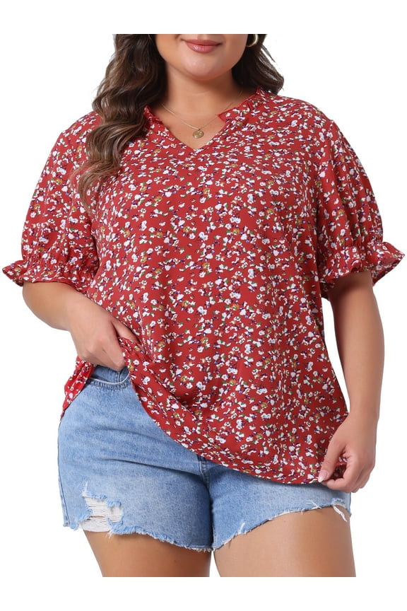 Women's Plus Size Floral Tops Ruffle V Neck Puff Short Sleeve Summer Casual Blouse 4X Red