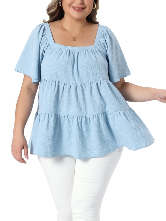 Women's Plus Size Easter Tops Textured Square Neck Short Sleeve Flowy Swing Peplum Summer Casual Babydoll Blouses 2X Light Blue