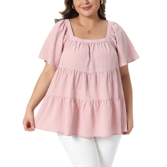 Agnes Orinda Women's Plus Size Easter Tops Textured Square Neck Short Sleeve Flowy Swing Peplum Summer Casual Babydoll Blouses 4X Pink