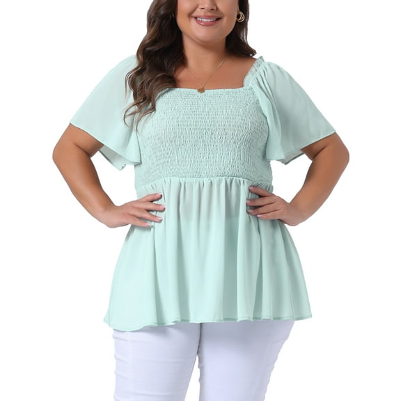 Agnes Orinda Women's Plus Size Summer Tops Square Neck Short Sleeve Ruffle Hem Casual Loose Blouse 3X Light Green