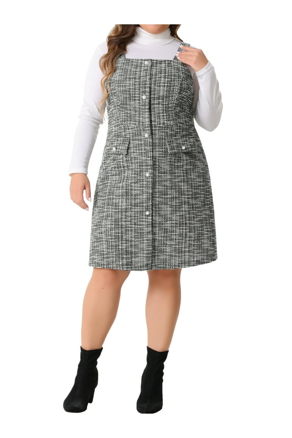 Plus Size Suspender Dresses for Women High Waist Tweed Single-Breasted Overall Dress 1X Black