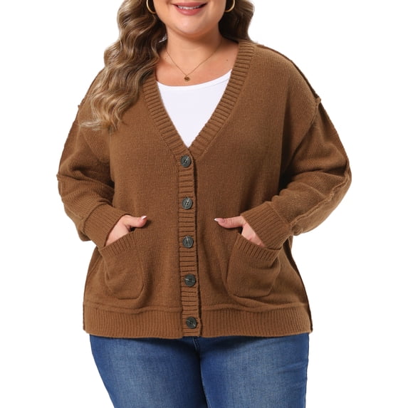 Agnes Orinda Women's Plus Size Halloween Outfits Knit Cardigan V Neck Long Sleeve Button Down Fall Winter Sweater Coat with Pockets 3X Dark Brown