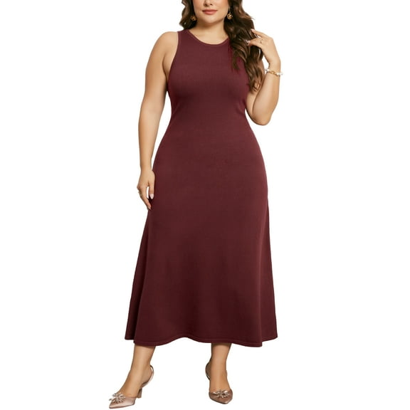 Agnes Orinda Plus Size Sweater Dress for Women Crewneck Sleeveless Knit Casual Sweater Tank Dress 1X Burgundy