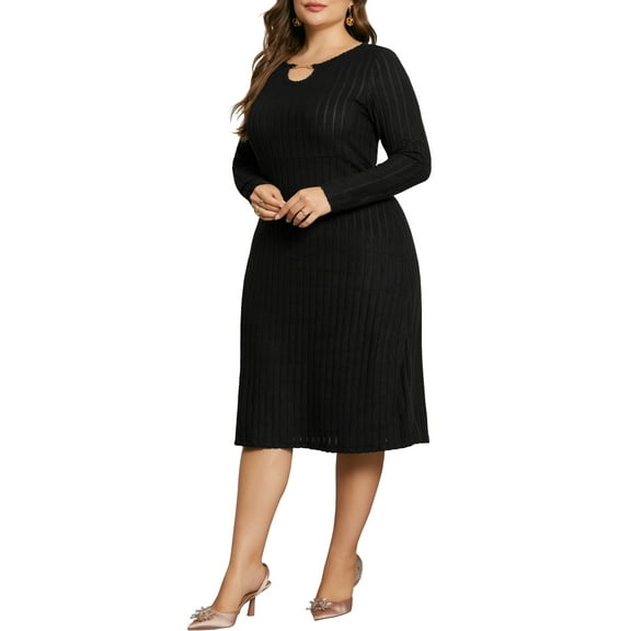 Agnes Orinda Plus Size Sweater Dress for Women Lightweight Long Sleeve Knit Pullover Midi Dresses 3X Black
