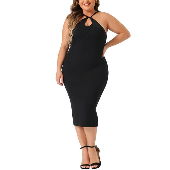 Agnes Orinda Plus Size Sweater Dress for Women Twist Front Halter Neck Ribbed Sleeveless Bodycon Midi Dresses 1X Black