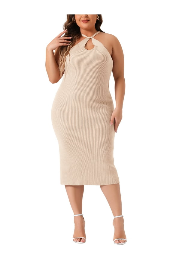 Plus Size Sweater Dress for Women Twist Front Halter Neck Ribbed Sleeveless Bodycon Midi Dresses 1X Light Pink