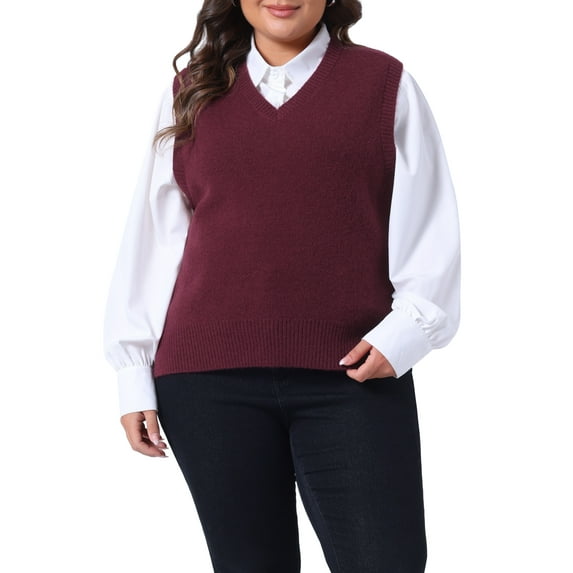 Agnes Orinda Plus Size Sweater Vest for Women V Neck Knit Vests Solid Classic Sleeveless Pullover Sweaters Tops 1X Burgundy