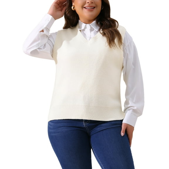 Agnes Orinda Plus Size Sweater Vest for Women V Neck Knit Vests Solid Classic Sleeveless Pullover Sweaters Tops 1X White