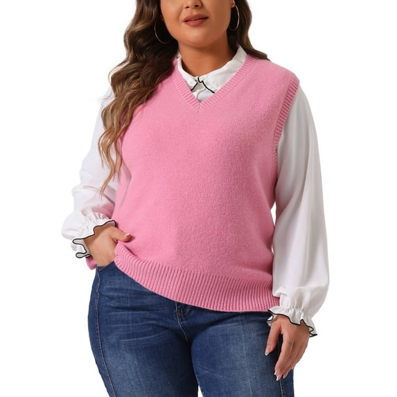Agnes Orinda Plus Size Sweater Vest for Women V Neck Knit Vests Solid Classic Sleeveless Pullover Sweaters Tops 4X Pink