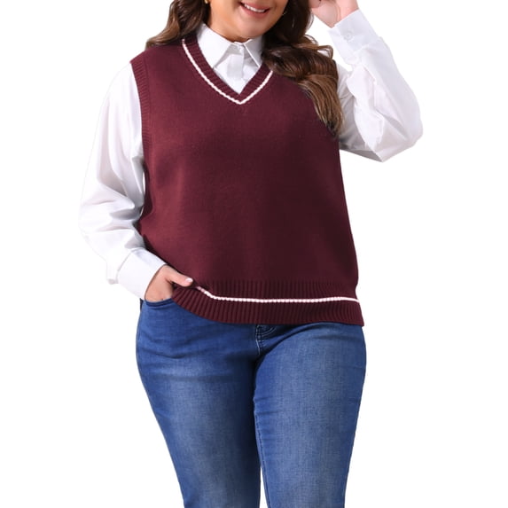 Agnes Orinda Plus Size Sweater Vest for Women V Neck Stripe Cable Knit Sleeveless Pullover Sweater Vest 4X Burgundy