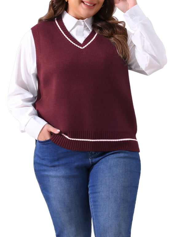 Plus Size Halloween Outfits Sweater Vest for Women V Neck Stripe Cable Knit Sleeveless Pullover Sweater Vest 4X Burgundy