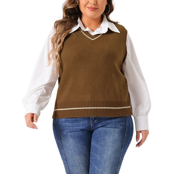 Agnes Orinda Plus Size Sweater Vest for Women V Neck Stripe Cable Knit Sleeveless Pullover Sweater Vest