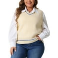 thumbnail image 1 of Agnes Orinda Plus Size Sweater Vest for Women V Neck Stripe Cable Knit Sleeveless Pullover Sweater Vest 1X Beige, 1 of 7