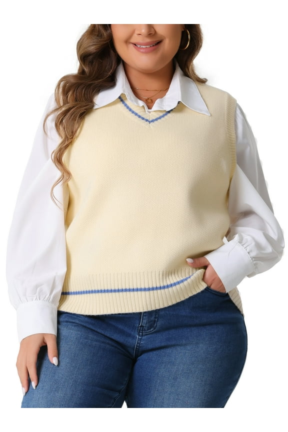 Plus Size Sweater Vest for Women V Neck Stripe Cable Knit Sleeveless Pullover Sweater Vest 1X Beige