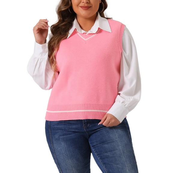 Agnes Orinda Plus Size Sweater Vest for Women V Neck Stripe Cable Knit Sleeveless Pullover Sweater Vest