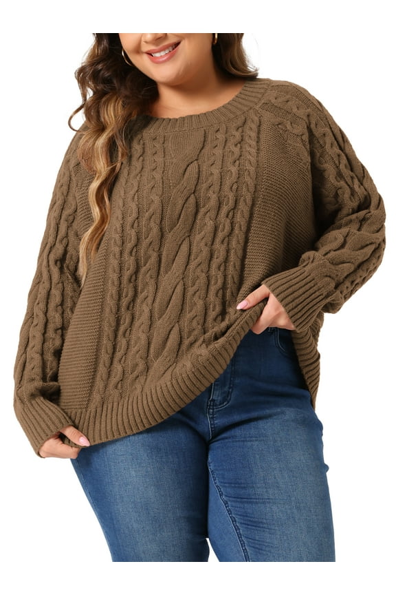 Plus Size Women's Sweater Long Sleeve Crewneck Fisherman Cable Pullover Sweaters 4X Brown