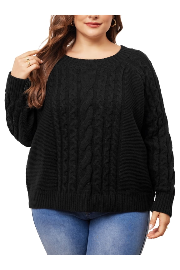 Plus Size Women's Sweater Long Sleeve Crewneck Fisherman Cable Pullover Sweaters 1X Black