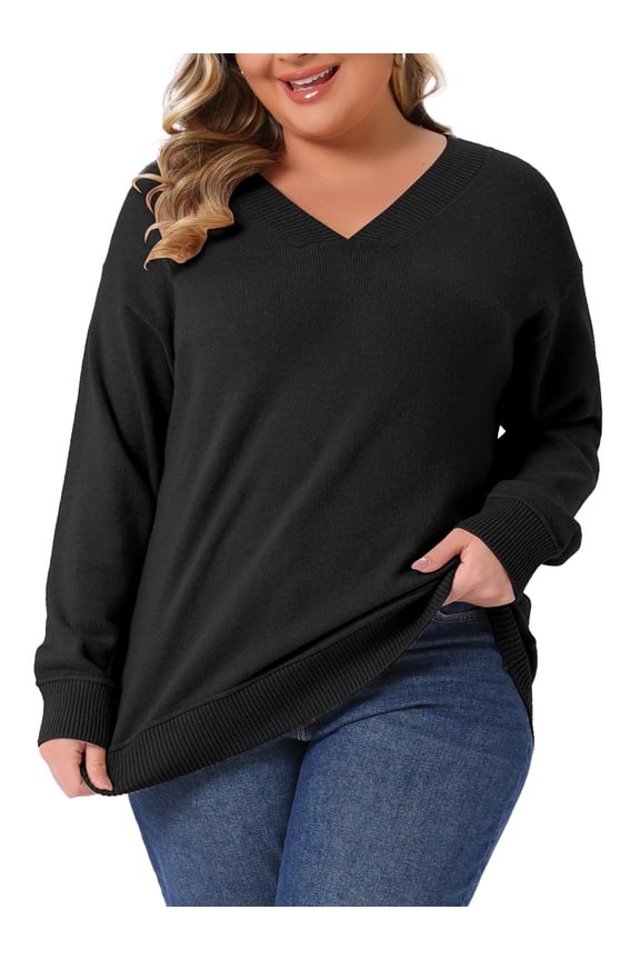 Plus Size Sweater for Women Long Sleeve V Neck Fall Knit Casual Basic Pullover Sweater Tops 1X Black