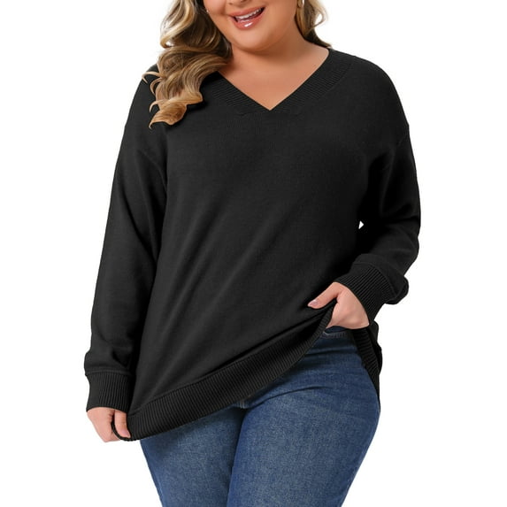 Agnes Orinda Plus Size Sweater for Women Long Sleeve V Neck Fall Knit Casual Basic Pullover Sweater Tops 4X Black