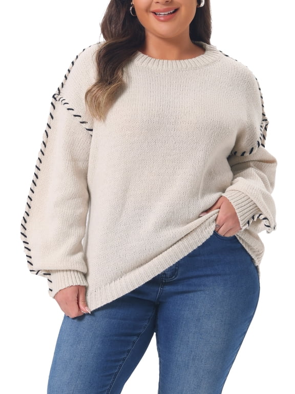 Women's Plus Size Sweater Contrast Stitch Long Sleeve Crew Neck Vintage Chic Fall Winter Knit Pullover Tops 1X White