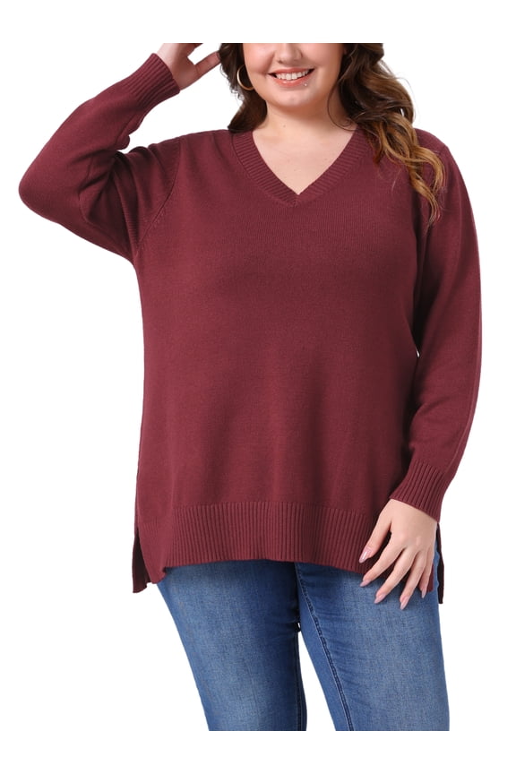 Plus Size Sweater for Women V Neck Long Sleeve Pullover Slit Hem Knit Fall Winter Blouse 1X Red