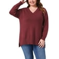 thumbnail image 1 of Agnes Orinda Plus Size Sweater for Women V Neck Long Sleeve Pullover Slit Hem Knit Fall Winter Blouse 2X Red, 1 of 5