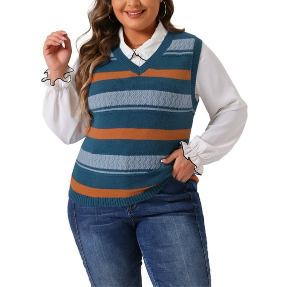 Agnes Orinda Plus Size Sweaters for Women Sleeveless Casual Outfits V-Neck Striped Knit Sweater Vests 3X Blue