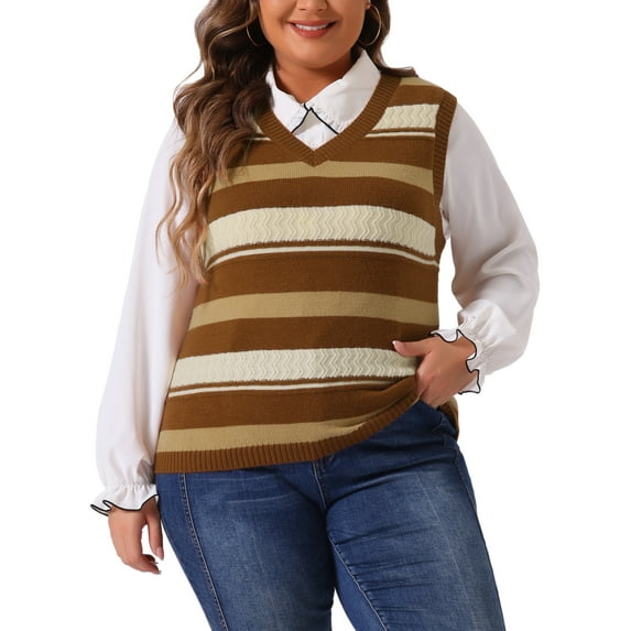 Agnes Orinda Plus Size Sweaters for Women Sleeveless Casual Outfits V-Neck Striped Knit Sweater Vests 3X Brown