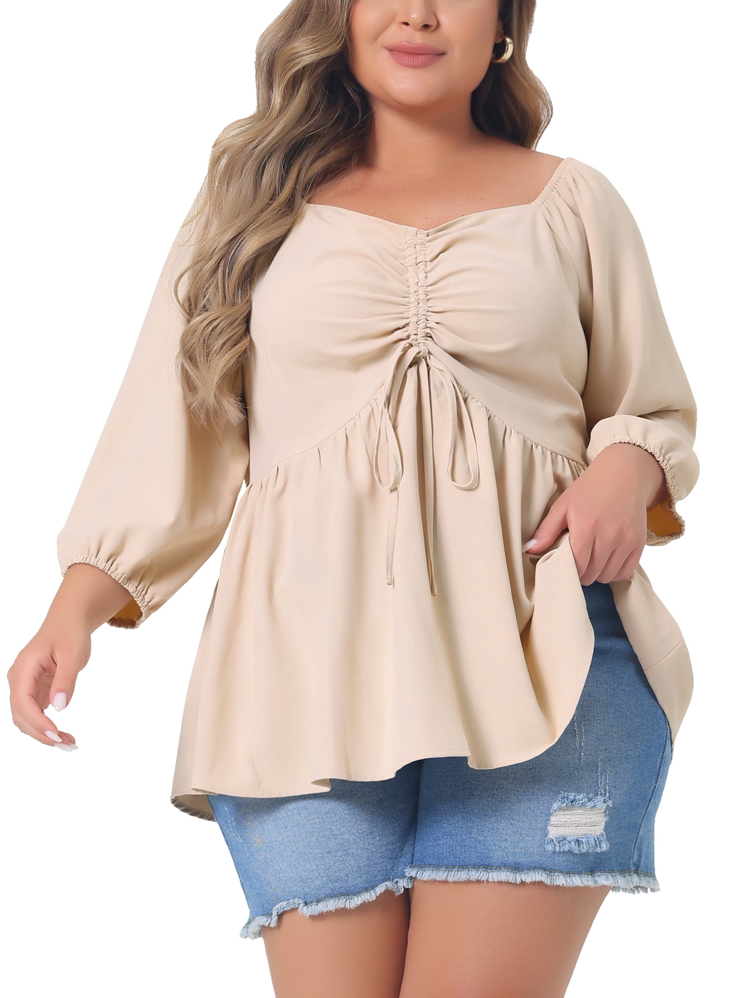 Agnes Orinda Plus Size Sweetheart Neck Drawstring Ruched 3/4