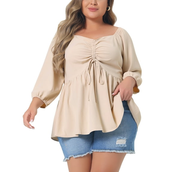 Agnes Orinda Plus Size Sweetheart Neck Drawstring Ruched 3/4 Sleeve Peplum Blouse Tops