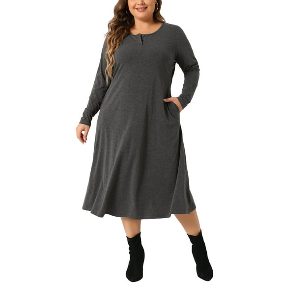 Agnes Orinda Plus Size Shirt Dress for Women Crew Neck Button Long Sleeve Casual Dresses with Pockets 1X Dark Gray