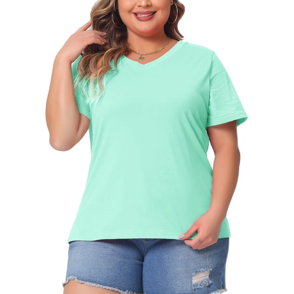 Agnes Orinda Plus Size T Shirts for Women Basic V Neck Short Sleeve Tops 3X Mint Blue