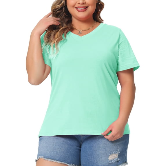 Agnes Orinda Plus Size T Shirts for Women Basic V Neck Short Sleeve Tops 2X Mint Blue