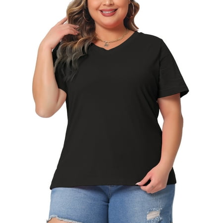 Agnes Orinda Plus Size T Shirts for Women Basic V Neck Short Sleeve Tops 1X Black